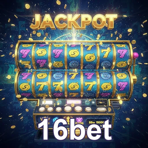 Imagem de máquinas de caça-níqueis com tema de cassino, promovendo slots no site 16bet.